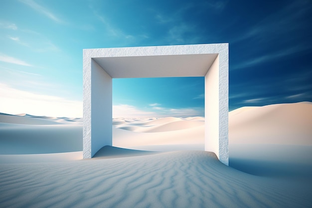 Um cubo branco no deserto com o céu ao fundo Portão para o deserto