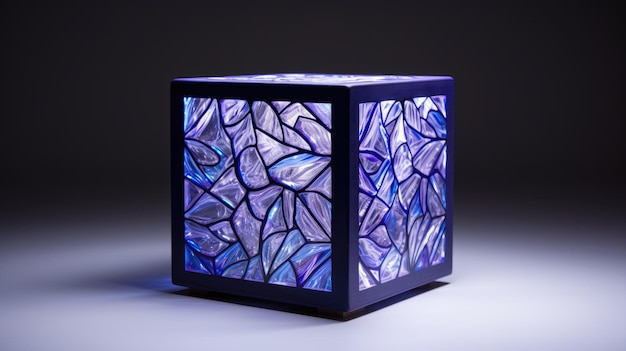 Um cubo com padrão de diamante em tons de azul e roxo