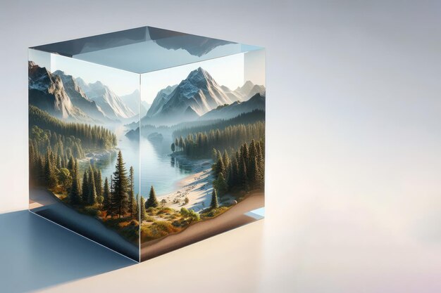 Um cubo com uma bela paisagem dentro Espaço para texto