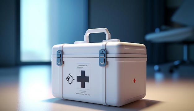 Um cubo de caixa de kit de primeiros socorros branco Há medicamentos na caixa estilo Pixar