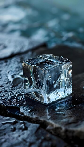 um cubo de gelo sentado em cima de uma superfície úmida