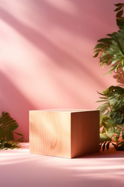 Um cubo de madeira ao lado de uma palmeira