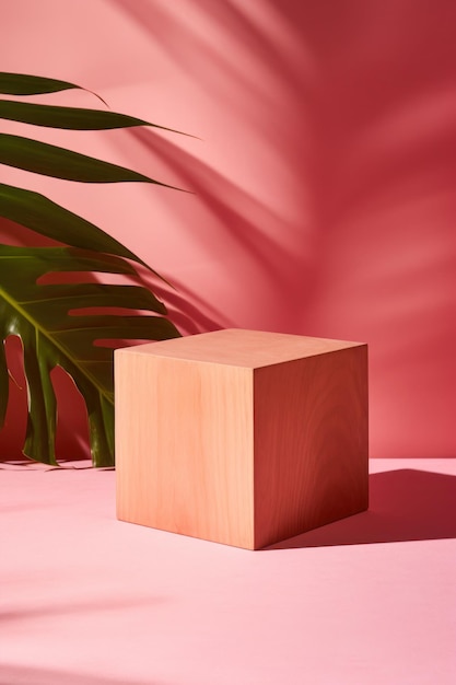 Um cubo de madeira ao lado de uma palmeira