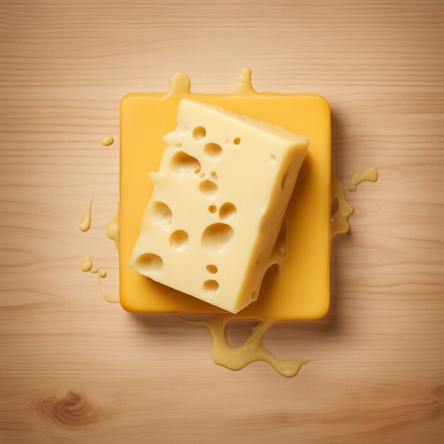 Um cubo de queijo coberto com queijo na mesa de madeira fundo amarelo