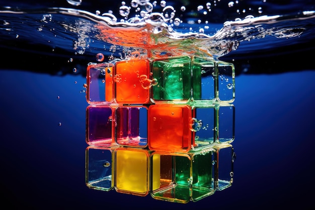 Um cubo de Rubik parcialmente resolvido submerso em água com bolhas de ar subindo