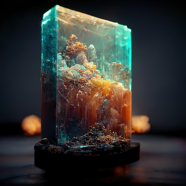 Um cubo de vidro azul e laranja com a palavra quartzo.