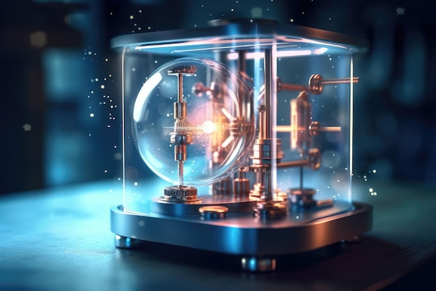 Um cubo de vidro com fundo azul claro e um relógio com a palavra ciência.