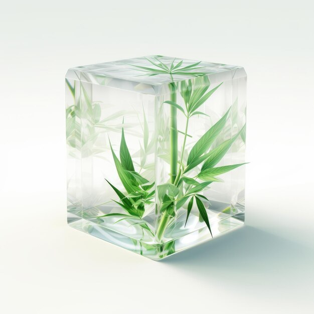 Um cubo de vidro com uma planta dentro