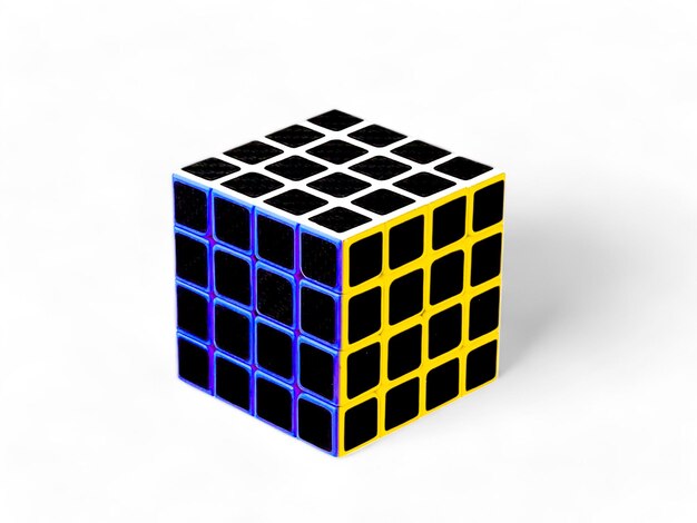 Um cubo feito de cubos com quadrado azul e amarelo sobre fundo branco