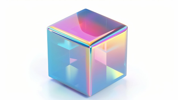 Foto um cubo holográfico iridescente com efeito de gradiente de arco-íris em 3d isolado em um fundo branco forma geométrica moderna 3d com efeito de cromo iridescente