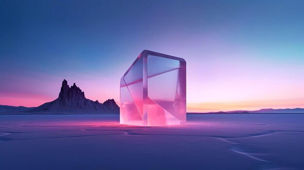 Um cubo no meio de um deserto congelado com um céu roxo ao fundo.