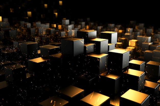 Um cubo preto com luzes douradas ao fundo