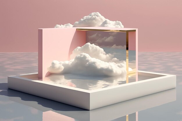 Um cubo rosa com uma nuvem sobre ele e um pódio com Sea Generative AI