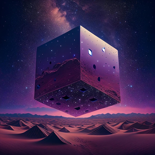 Um cubo roxo está acima de um deserto com as palavras "cubo" nele.