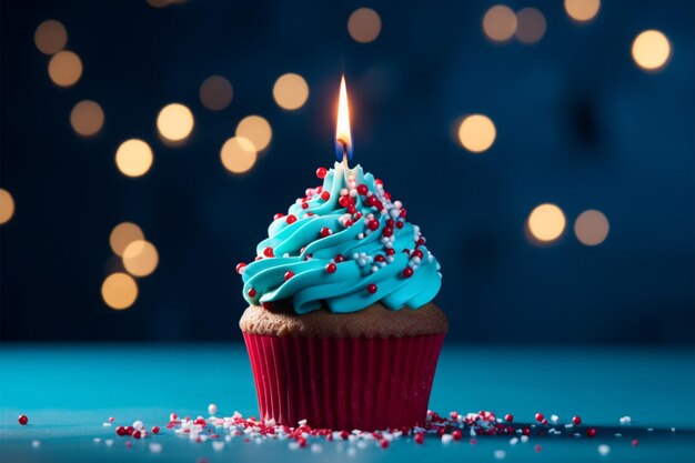 Um cupcake azul com uma vela brilhante e granulados vermelhos ousados
