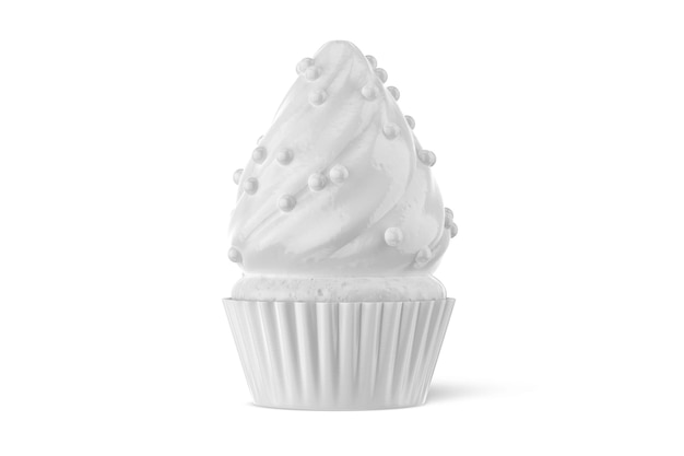 Um cupcake branco com fundo branco e um pequeno círculo branco no topo.