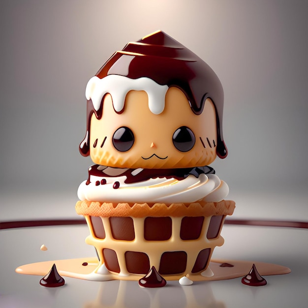 Um cupcake com cobertura de chocolate e um rosto no topo.
