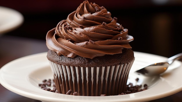 Um cupcake com cobertura de chocolate e uma colher num prato
