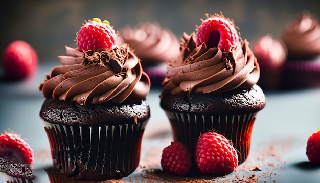 Um cupcake com cobertura de chocolate e uma framboesa por cima