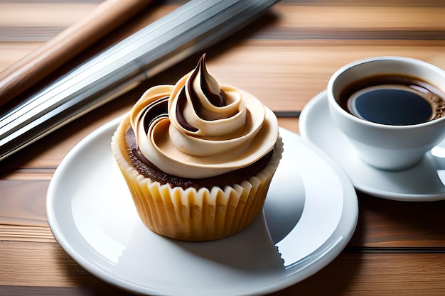 Um cupcake com cobertura de chocolate e uma xícara de café em um prato branco.