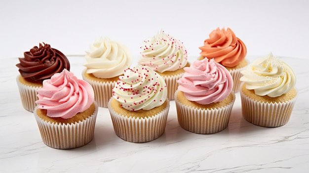 Um cupcake com cobertura rosa e branca e confeitos no topo.