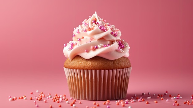 Um cupcake com cobertura rosa e granulado em um fundo rosa.