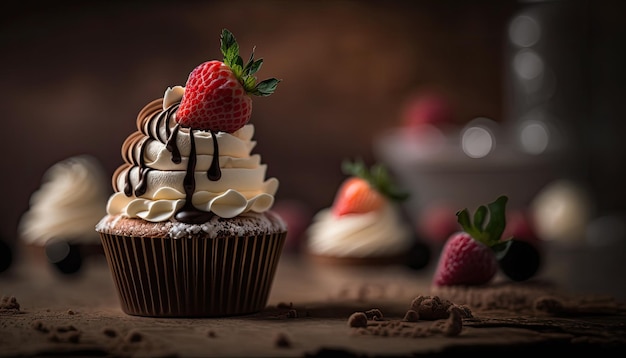 Um cupcake com coberturas de chocolate e morango