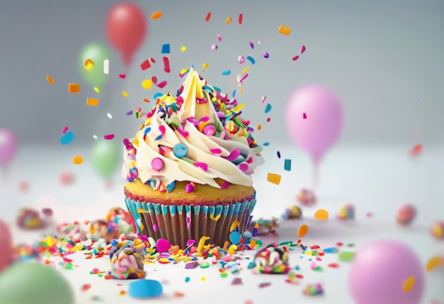 Um cupcake com confeitos e um balão colorido ao fundo.