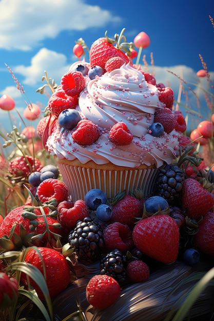 um cupcake com frutas e morangos