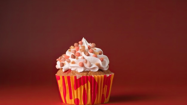 Um cupcake com fundo vermelho e a palavra creme nele.