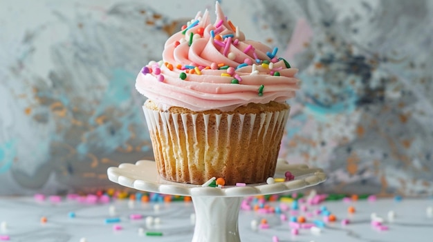 Um cupcake com gelatina rosa e salpicaduras coloridas