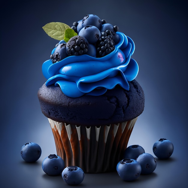 Um cupcake com glacê azul e uma folha em cima