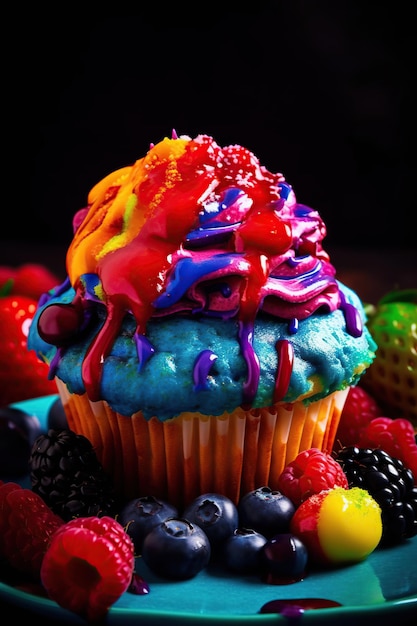 Um cupcake com glacê de arco-íris