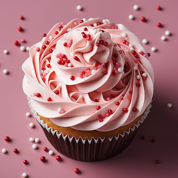 Um cupcake com glacê rosa e branco e granulado branco.