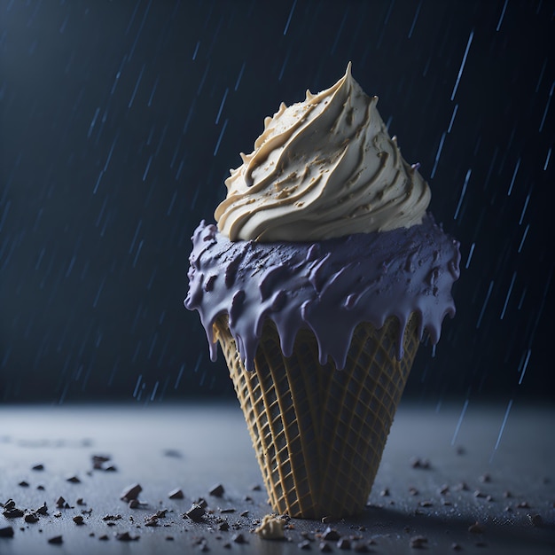 Um cupcake com glacê roxo e uma casquinha de creme azul com a palavra "bolo" nele.