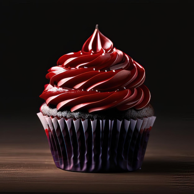 Um cupcake com glacê vermelho e um fundo escuro.