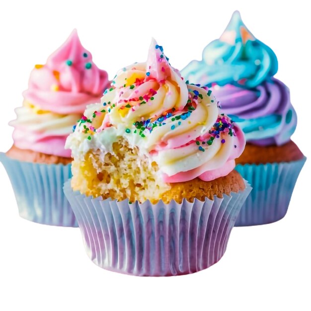um cupcake com glasura colorida e salpicaduras de arco-íris