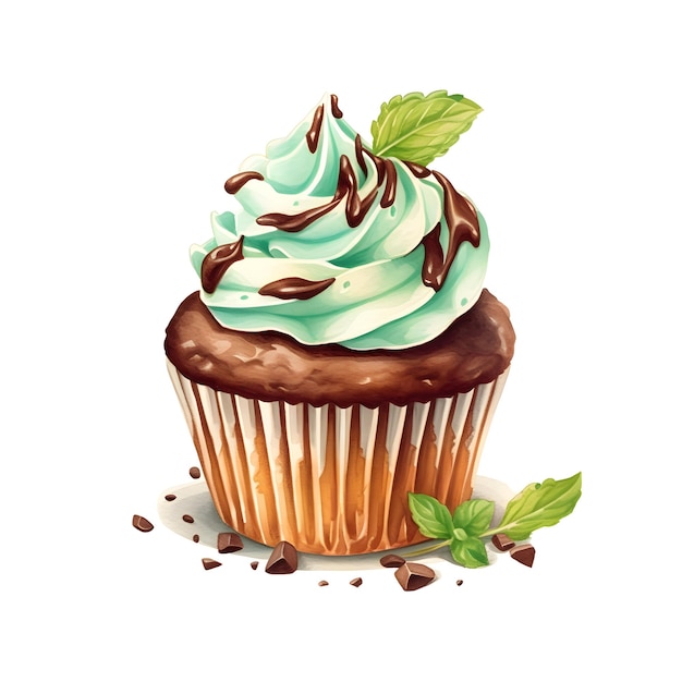 Um cupcake com menta e pepitas de chocolate