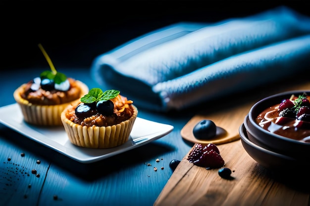 um cupcake com um chocolate em cima dele senta-se em uma mesa