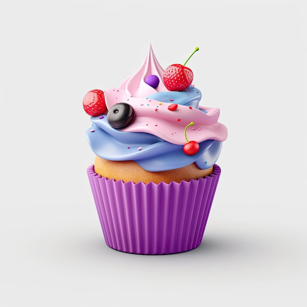 Um cupcake com um cupcake roxo com um cupcake azul nele.