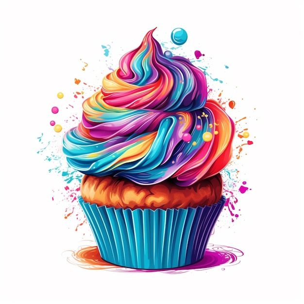 Um cupcake com um desenho de arco-íris