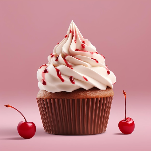 um cupcake com um icing e uma cereja em fundo rosa