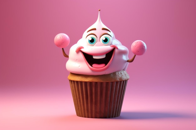 Um cupcake com um rosto e um sorriso nele