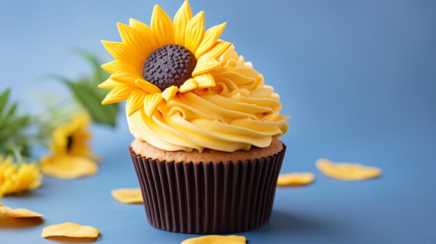 Um cupcake com uma cobertura amarela e um girassol