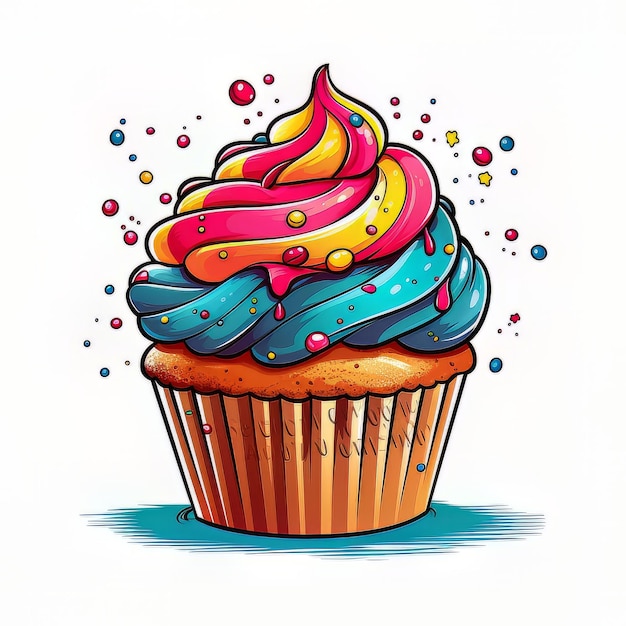 Um cupcake com uma cobertura colorida que diz feliz aniversário.