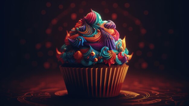 Um cupcake com uma cobertura colorida