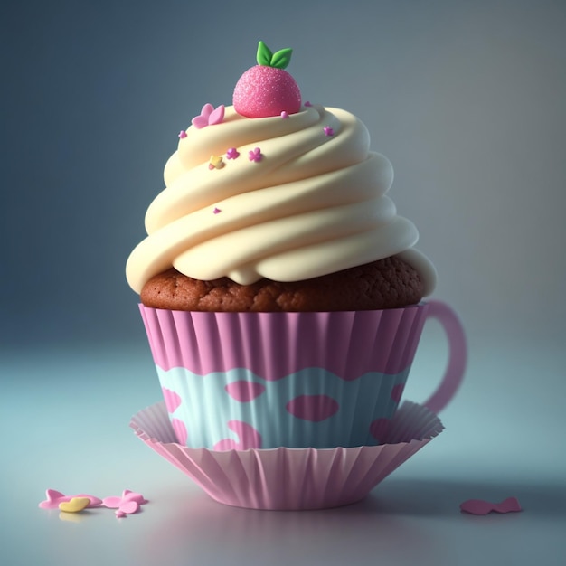 Um cupcake com uma cobertura rosa e branca e um morango por cima.