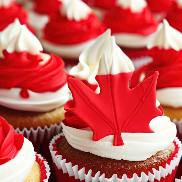 Um cupcake com uma folha de bordo no topo está ao lado de um cupcake vermelho e branco.