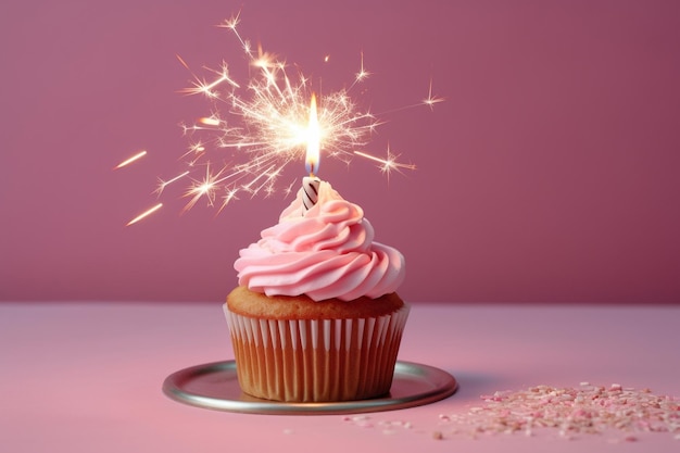 Um cupcake de aniversário com um diamante em um fundo rosa