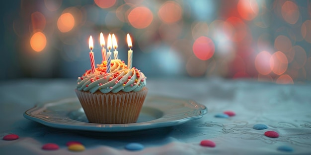 Um cupcake de aniversário decorado com velas acesas em um prato azul capturado no estilo Bokeh Panorama